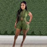 Solid Short Sleeve Lace-Up Romper LSD-81019