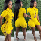 Solid Short Sleeve Lace-Up Romper LSD-81019