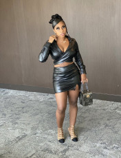 PU Leather Long Sleeve Top Mini Skirt 2 Piece Sets BS-1282