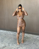 PU Leather Long Sleeve Top Mini Skirt 2 Piece Sets BS-1282
