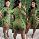 Solid Short Sleeve Lace-Up Romper LSD-81019