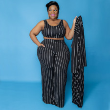Plus Size Striped Tank Top+Long Cloak+Pants 3 Piece Sets NNWF-7266