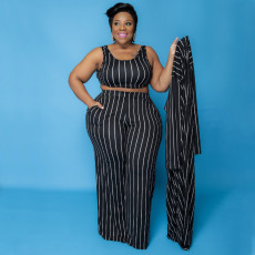 Plus Size Striped Tank Top+Long Cloak+Pants 3 Piece Sets NNWF-7266