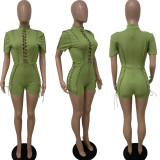 Solid Short Sleeve Lace-Up Romper LSD-81019