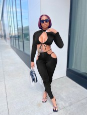 Sexy Solid Hollow Out Long Sleeve 2 Piece Sets QZX-6226
