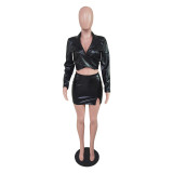 PU Leather Long Sleeve Top Mini Skirt 2 Piece Sets BS-1282