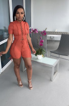 Solid Short Sleeve Lace-Up Romper LSD-81019