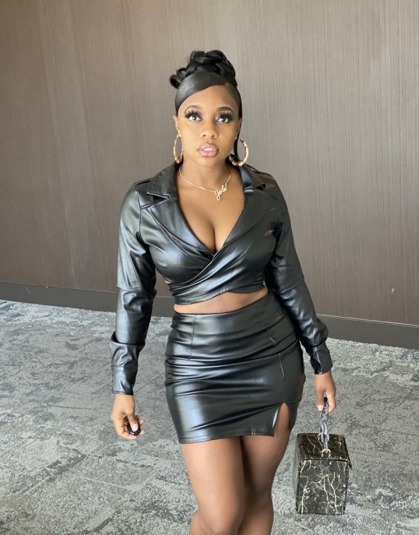 PU Leather Long Sleeve Top Mini Skirt 2 Piece Sets BS-1282