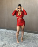 PU Leather Long Sleeve Top Mini Skirt 2 Piece Sets BS-1282