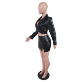 PU Leather Long Sleeve Top Mini Skirt 2 Piece Sets BS-1282