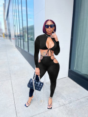 Sexy Solid Hollow Out Long Sleeve 2 Piece Sets QZX-6226