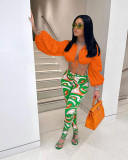 Fashion Lace-up Lantern Sleeve Pants Suit MEM-88380