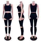 Solid Color Fashion Vest Hollow Zipper Pants Two Piece Sets ASL-6387