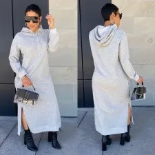 Fashion Solid Color Hooded Split Long Dress ORY-5201
