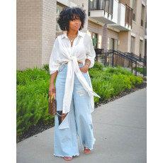 Solid Color Button Slit Long Shirt ASL-6397
