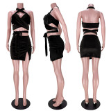 Sexy Cross Halter Neck Tie-UP Slit Skirt Suit ASL-6380