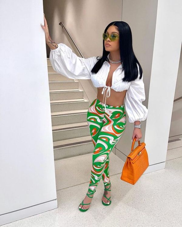 Fashion Lace-up Lantern Sleeve Pants Suit MEM-88380