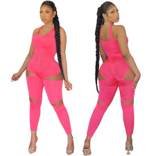 Solid Color Fashion Vest Hollow Zipper Pants Two Piece Sets ASL-6387