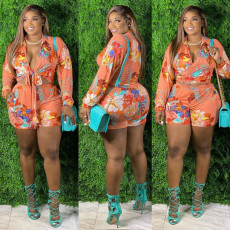 Plus Size Floral Print Sexy Long Sleeve Shorts Two Piece Sets FNN-8626