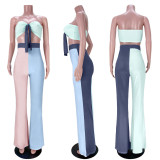 Chest Wrapped Contrast Color Splice Flared Pants Two Piece Sets ASL-6379