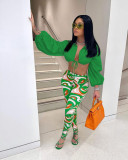 Fashion Lace-up Lantern Sleeve Pants Suit MEM-88380