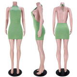 Solid Color Sexy Halter Neck Backless Mini Dress ASL-6381
