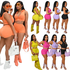 Solid Hooded Sleeveless Zipper Top And Shorts 2 Piece Sets XMF-071