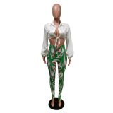 Fashion Lace-up Lantern Sleeve Pants Suit MEM-88380