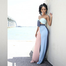 Chest Wrapped Contrast Color Splice Flared Pants Two Piece Sets ASL-6379