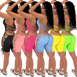 Solid Color Bandage Hollow Sexy Playsuits ASL-6265