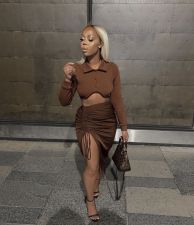 Solid Long Sleeve Crop Top Drawstring Skirt 2 Piece Sets NM-8378