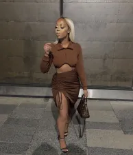 Solid Long Sleeve Crop Top Drawstring Skirt 2 Piece Sets NM-8378