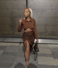 Solid Long Sleeve Crop Top Drawstring Skirt 2 Piece Sets NM-8378