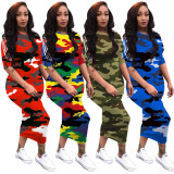 Camouflage Print Half Sleeve O Neck Slim Long Dress ASL-6168