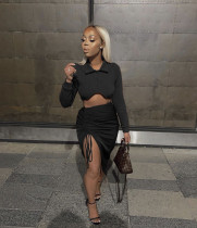 Solid Long Sleeve Crop Top Drawstring Skirt 2 Piece Sets NM-8378