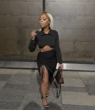 Solid Long Sleeve Crop Top Drawstring Skirt 2 Piece Sets NM-8378