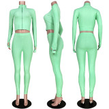 Solid Rib Embroidery Zipper Long Sleeve 2 Piece Sets ASL-6286