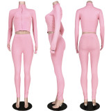 Solid Rib Embroidery Zipper Long Sleeve 2 Piece Sets ASL-6286