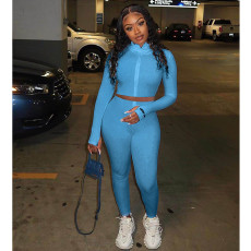 Solid Rib Embroidery Zipper Long Sleeve 2 Piece Sets ASL-6286