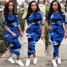 Camouflage Print Half Sleeve O Neck Slim Long Dress ASL-6168