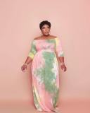 Plus Size Tie Dye Slash Neck 3/4 Sleeve Maxi Dress LSD-81031