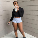 Black Hooded Zipper Long Sleeve Cropped Coat WSYF-5893