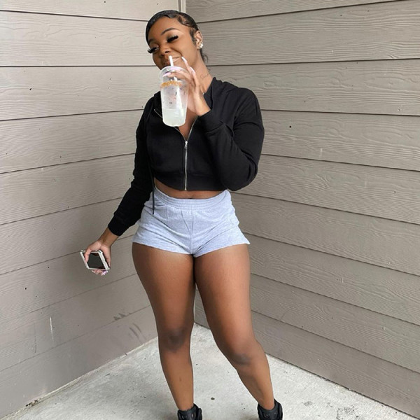 Black Hooded Zipper Long Sleeve Cropped Coat WSYF-5893