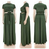 Plus Size Fashion Solid Color Short Sleeve Long Skirt Suits ASL-7025