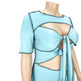 Plus Size Solid Color Hollow Lace Up Dress ASL-7023