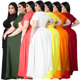 Plus Size Fashion Solid Color Short Sleeve Long Skirt Suits ASL-7025