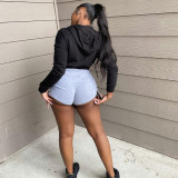 Black Hooded Zipper Long Sleeve Cropped Coat WSYF-5893