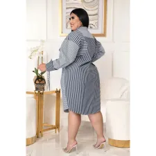 Plus Size Splice Striped Print Shirt Dress ASL-7039