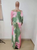 Plus Size Tie Dye Slash Neck 3/4 Sleeve Maxi Dress LSD-81031