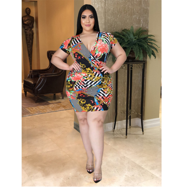 Plus Size Sexy V-neck Print Ruched Mini Dress ASL-7018